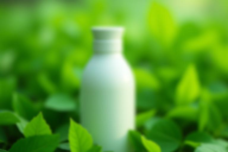 En hvit keramisk flaske plassert i et minimalistisk miljø med grønne blader.