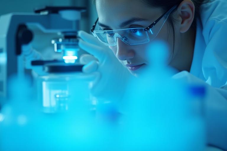 En forsker som analyserer et materialprøve i et laboratorium.